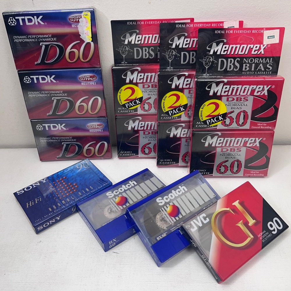 13 Blank Audio Cassette Tapes Lot TDK D60 Memorex DBS Sony Scotch JVC Sealed NOS